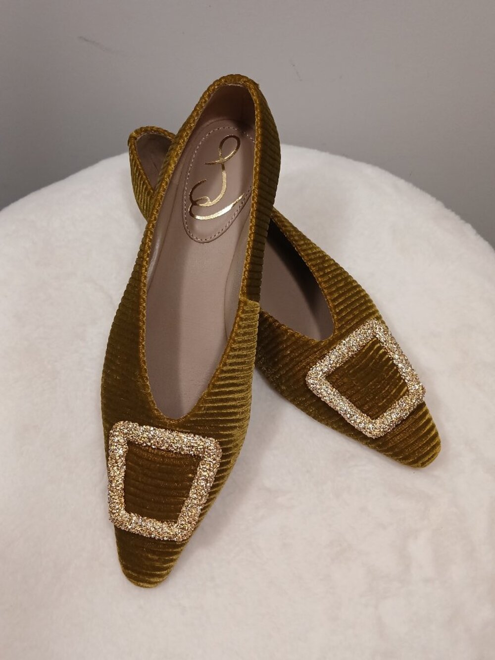 Sam Edelman Janina Green Velvet Crystal Buckle Pointed Toe Flats Size 7M